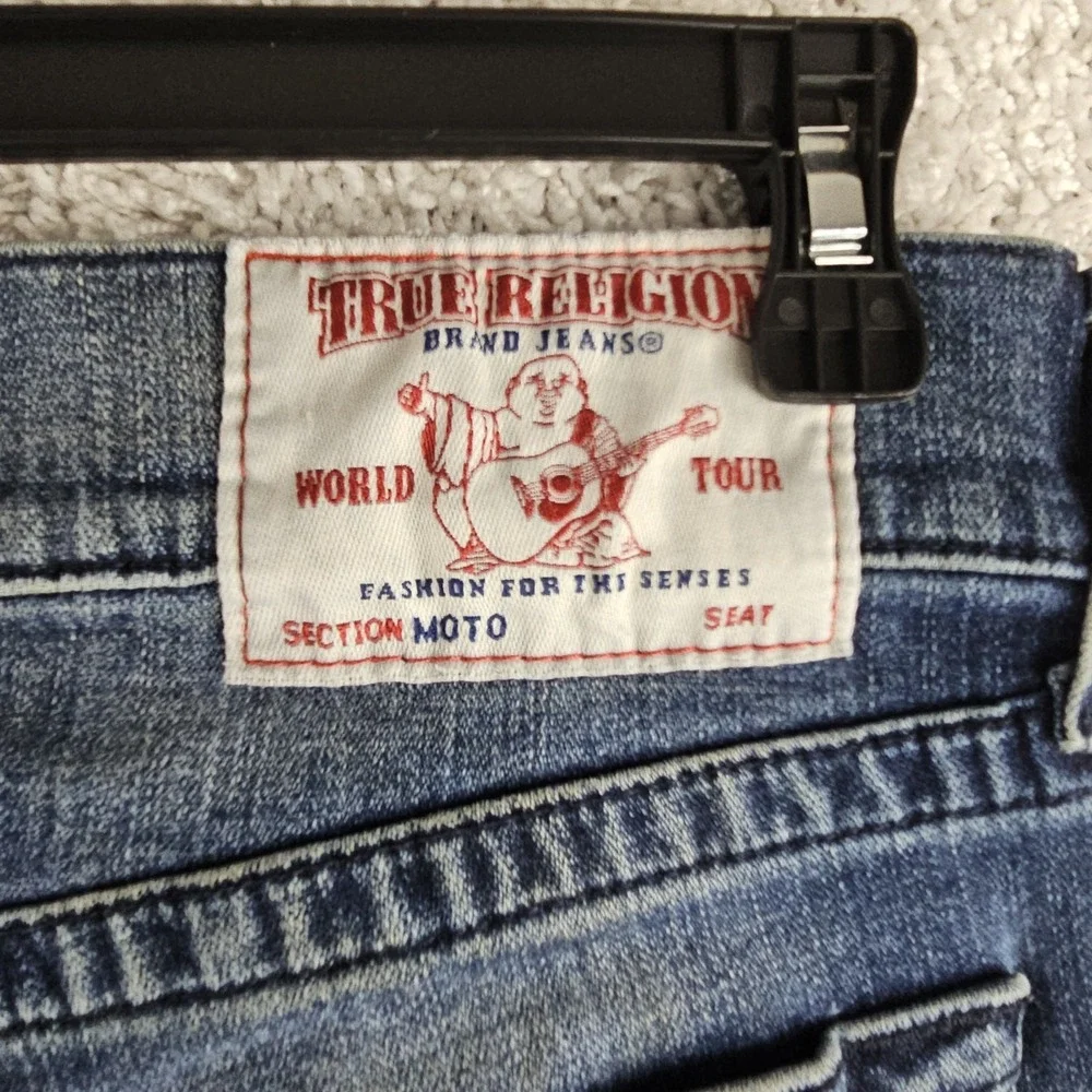 True Religion Moto Skinny Run Stitch Jeans Mens 31x32.5 Stretch Blue Denim